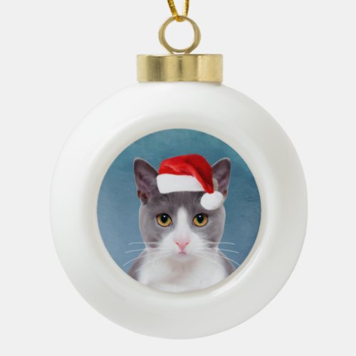 Cat wearing Santa Hat Christmas Portrait Ceramic Ball Christmas Ornament