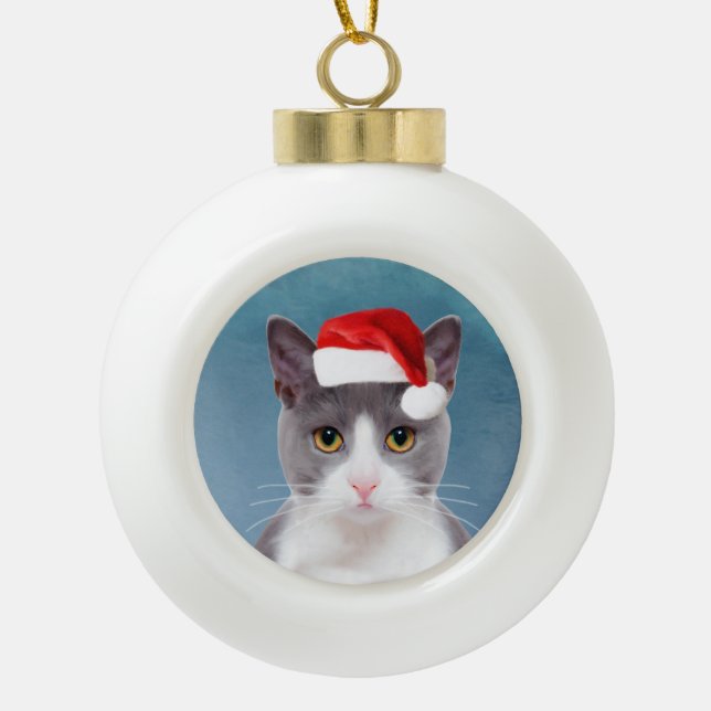 Cat wearing Santa Hat Christmas Portrait Ceramic Ball Christmas Ornament (Front)