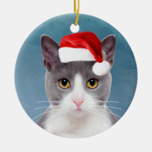 Cat wearing Santa Hat Christmas Portrait Ceramic Ornament