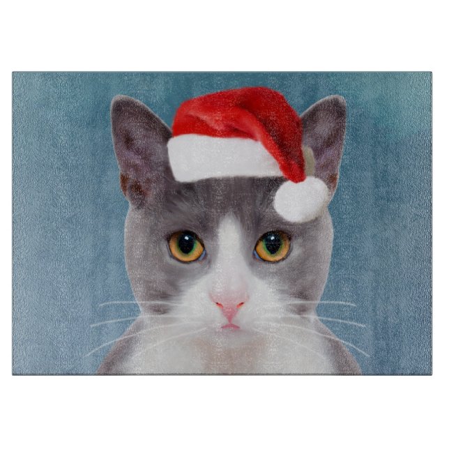 Cat wearing Santa Hat Christmas Portrait Cutting Board (Front)