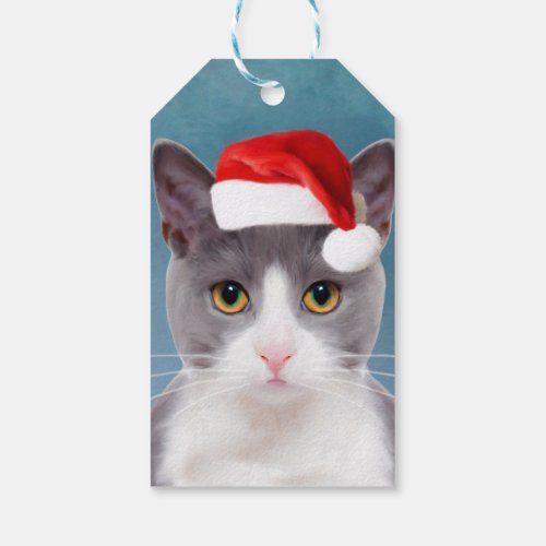 Cat wearing Santa Hat Christmas Portrait Gift Tags