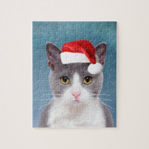 Cat wearing Santa Hat Christmas Portrait Jigsaw Puzzle