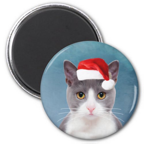 Cat wearing Santa Hat Christmas Portrait Magnet