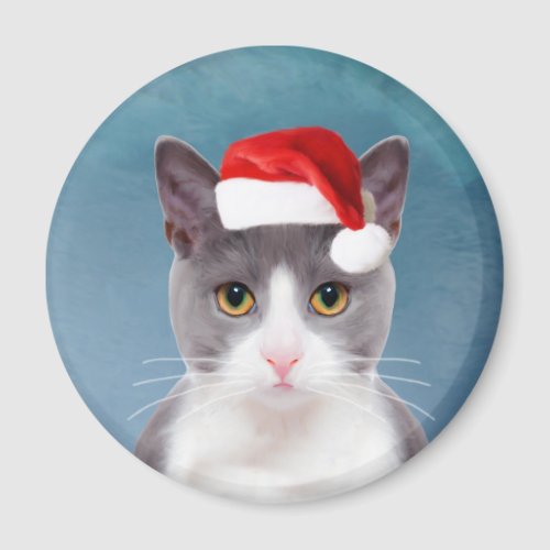 Cat wearing Santa Hat Christmas Portrait Magnet