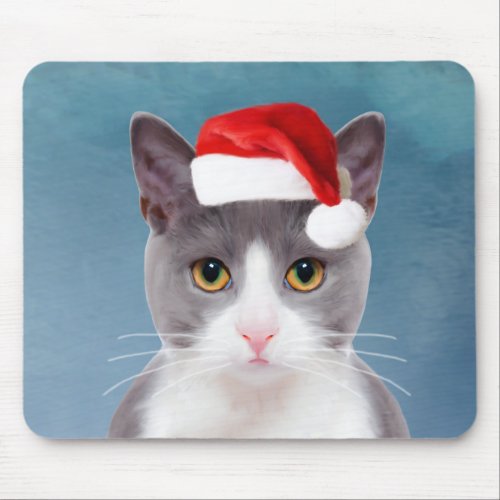 Cat wearing Santa Hat Christmas Portrait Mouse Pad