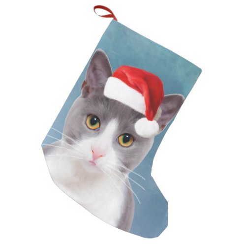 Cat wearing Santa Hat Christmas Portrait Small Christmas Stocking