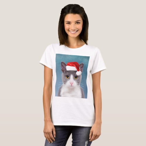 Cat wearing Santa Hat Christmas Portrait T_Shirt