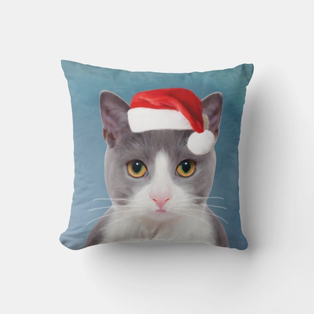 Cat wearing Santa Hat Christmas Portrait Throw Pillow (Front)