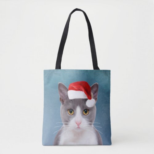 Cat wearing Santa Hat Christmas Portrait Tote Bag