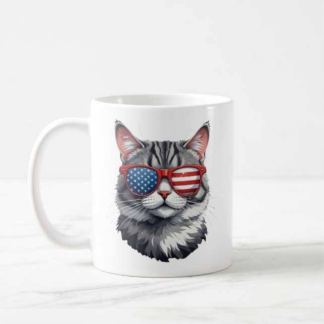 Cat Wearing Sunglasses American Flag 4th of July C Coffee Mug (Left)