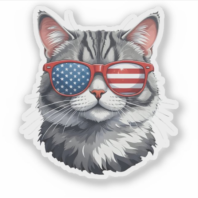 Cat Wearing Sunglasses American Flag 4th of July C Sticker (Front)