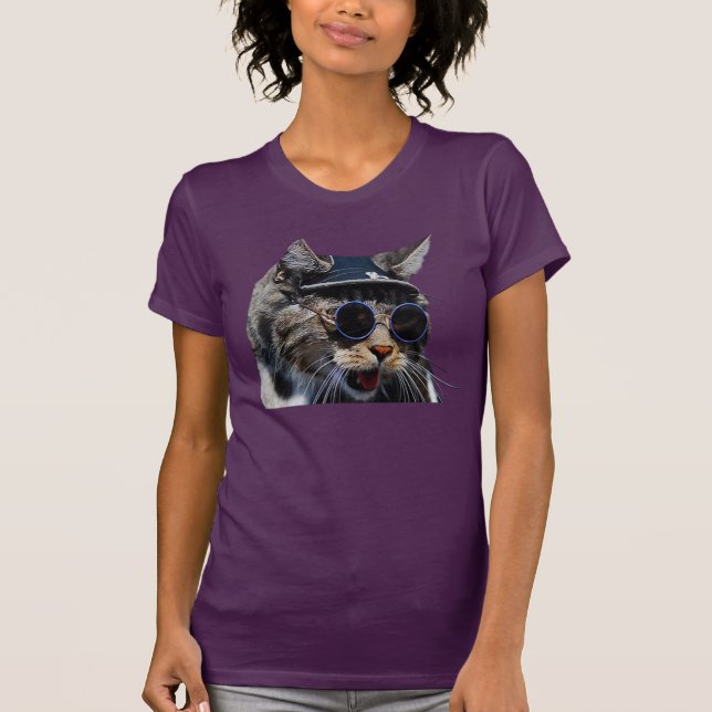 Cat Wearing Sunglasses and Hat Womens T-Shirt (Front)