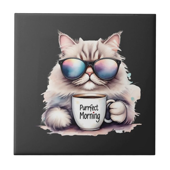 cat wearing sunglasses and holding a coffee mug ceramic tile (Front)