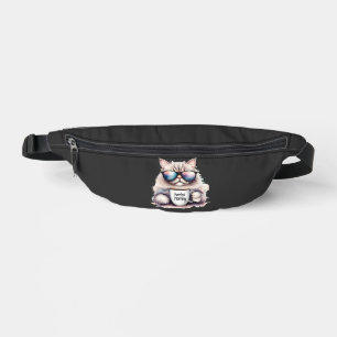cat wearing sunglasses and holding a coffee mug fanny pack