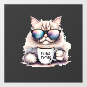 cat wearing sunglasses and holding a coffee mug floor decals