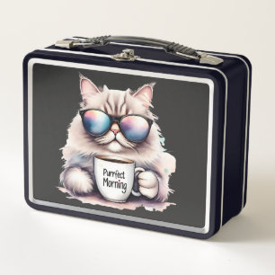 cat wearing sunglasses and holding a coffee mug metal lunch box