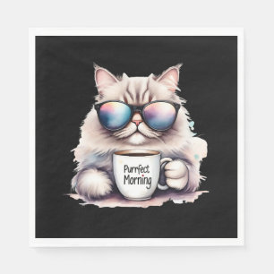 cat wearing sunglasses and holding a coffee mug napkins