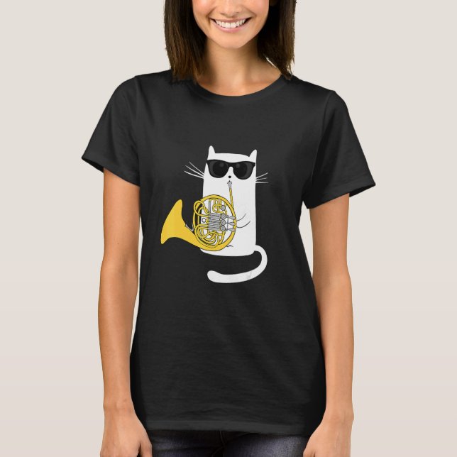 Cat Wearing Sunglasses Play French Horn  Men Women T-Shirt (Front)