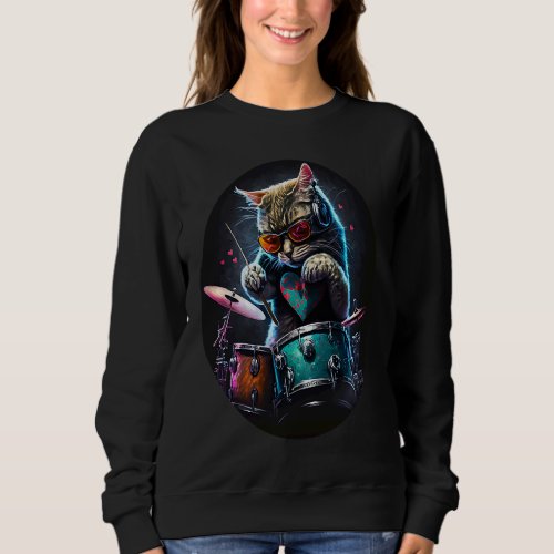 Cat Wearing Sunglasses Playing Drums Valentines D Sweatshirt