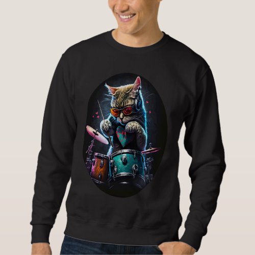 Cat Wearing Sunglasses Playing Drums Valentines D Sweatshirt