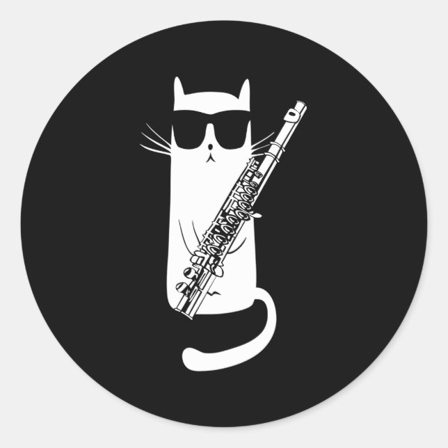 Cat Wearing Sunglasses Playing Flute Classic Round Sticker (Front)