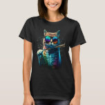 Cat Wearing Sunglasses Playing Flute Colorful T-Shirt