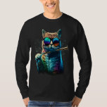 Cat Wearing Sunglasses Playing Flute Colorful T-Shirt
