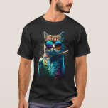 Cat Wearing Sunglasses Playing Flute Colorful T-Shirt