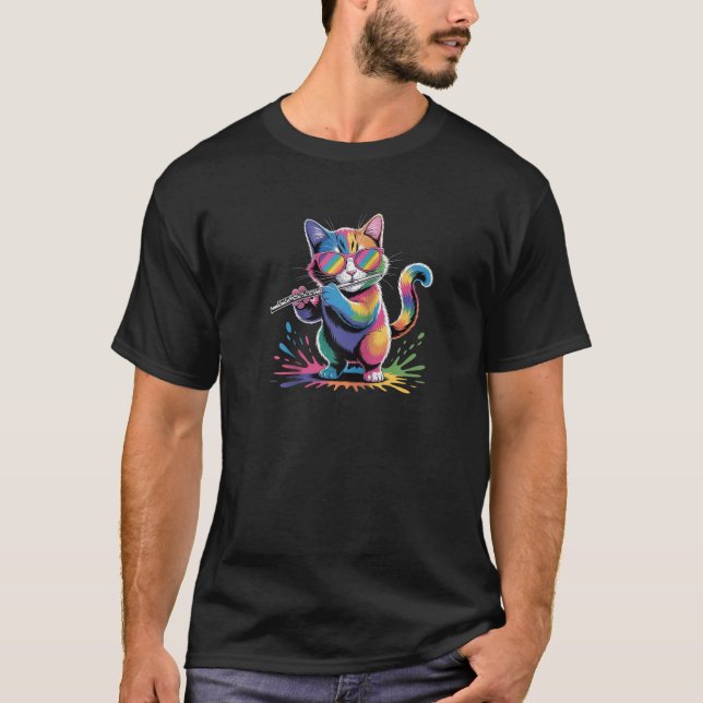 Cat Wearing Sunglasses Playing Flute Cute Colorful T-Shirt (Front)
