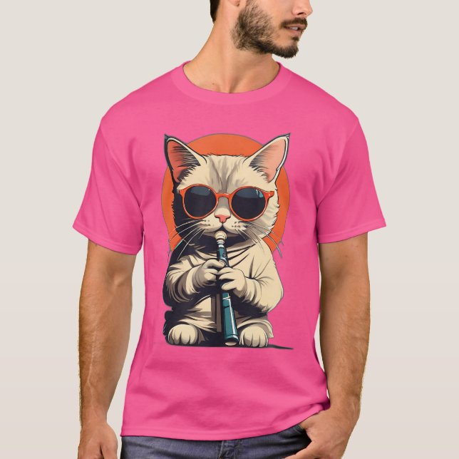 Cat Wearing Sunglasses Playing Flute Funny Cute Ca T-Shirt (Front)