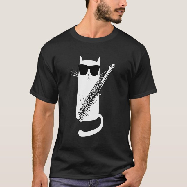 Cat Wearing Sunglasses Playing Flute T-Shirt (Front)