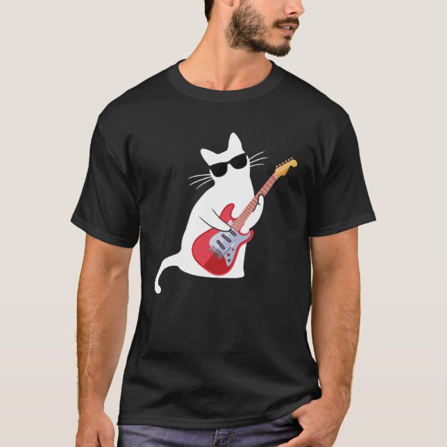Cat Wearing Sunglasses Playing Guitar Bass T-Shirt (Front)