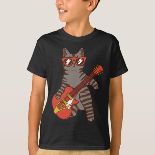 Cat Wearing Sunglasses Playing Guitar Boy T_Shirt
