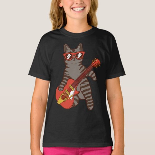 Cat Wearing Sunglasses Playing Guitar Girl T_Shirt