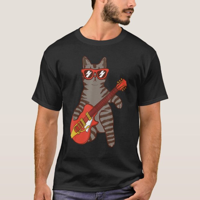 Cat wearing sunglasses playing Guitar Guitarist T-Shirt (Front)