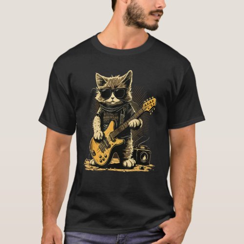 Cat wearing sunglasses playing Guitar Guitarist T_Shirt