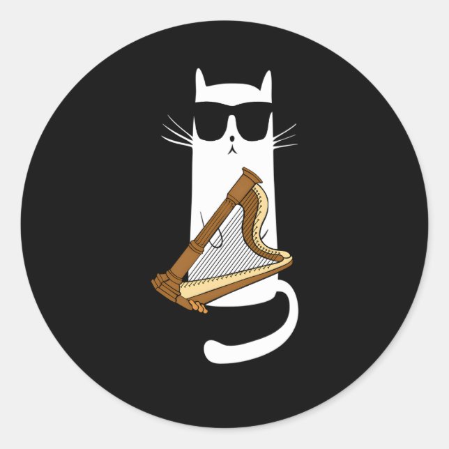 Cat Wearing Sunglasses Playing Harp Classic Round Sticker (Front)