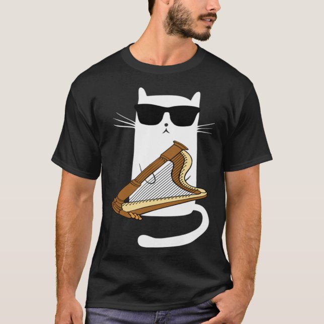 Cat Wearing Sunglasses Playing Harp T-Shirt (Front)