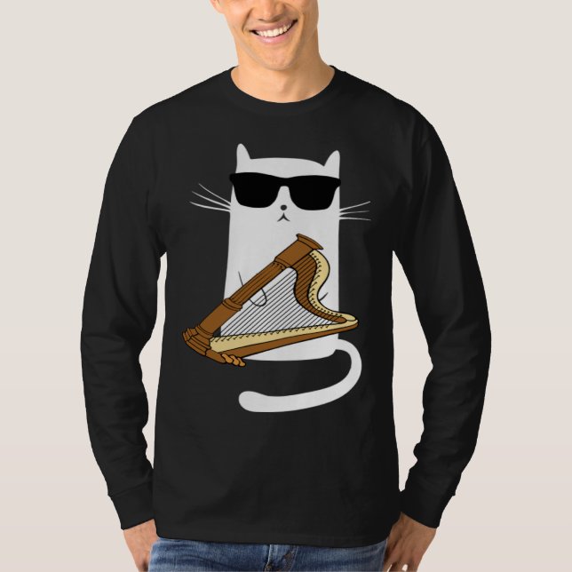 Cat Wearing Sunglasses Playing Harp T-Shirt (Front)