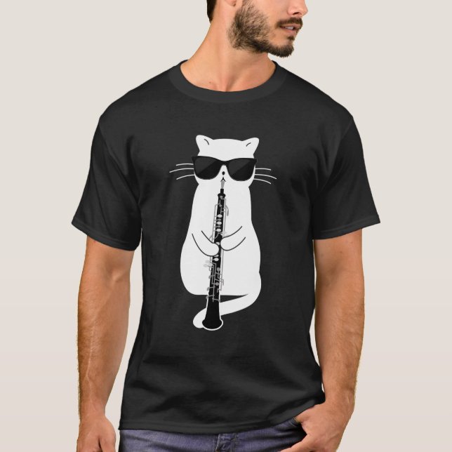 Cat Wearing Sunglasses Playing Oboe T-Shirt (Front)