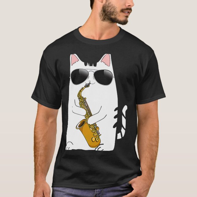 Cat Wearing Sunglasses Playing Saxophone Saxophoni T-Shirt (Front)