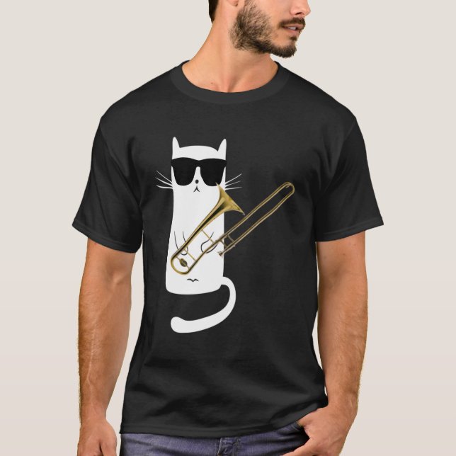 Cat Wearing Sunglasses Playing Trombone T-Shirt (Front)