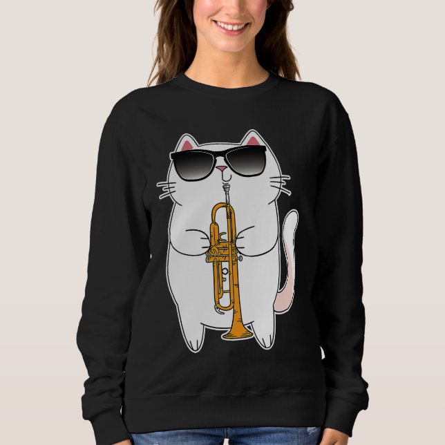 Cat Wearing Sunglasses Playing Trumpet Kitty Sweatshirt (Front)