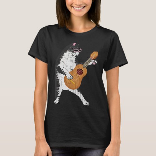Cat Wearing Sunglasses Playing Ukulele Funny Music T_Shirt