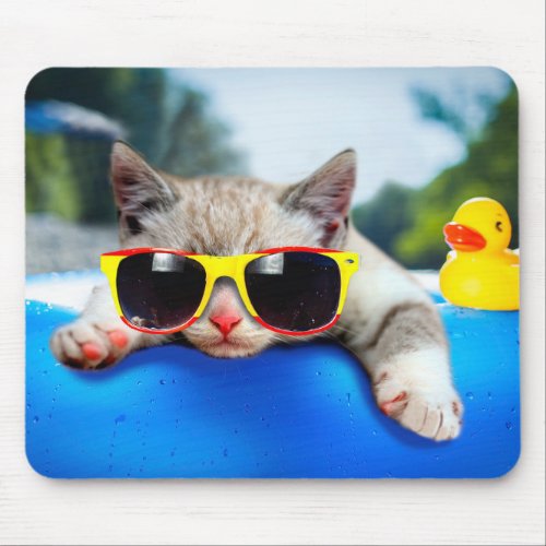 Cat wearing sunglasses relaxing on air mattress mouse pad