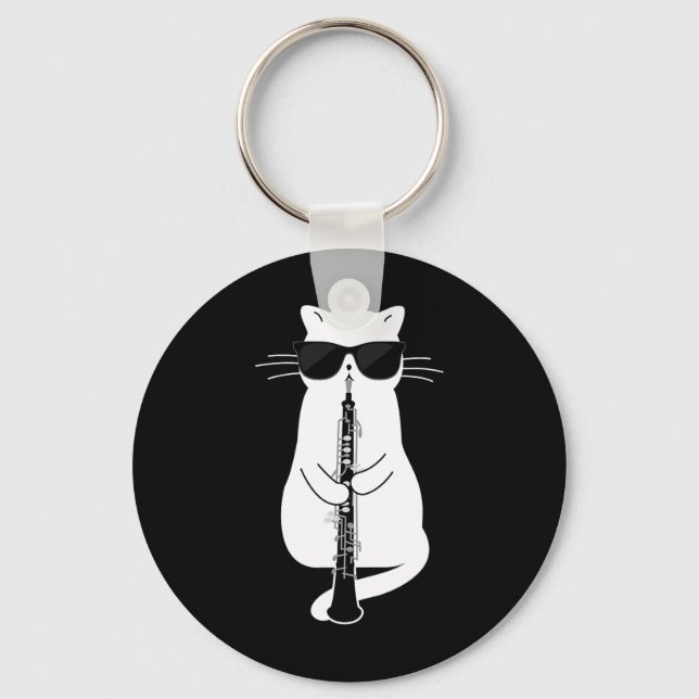Cat Wearing Sungles Playing Oboe  Keychain (Front)