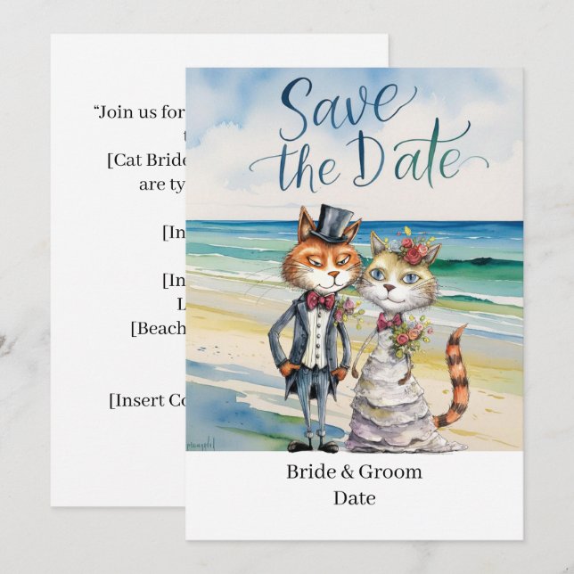 Cat Wedding Beach Wedding Themed Invitation (Front/Back)