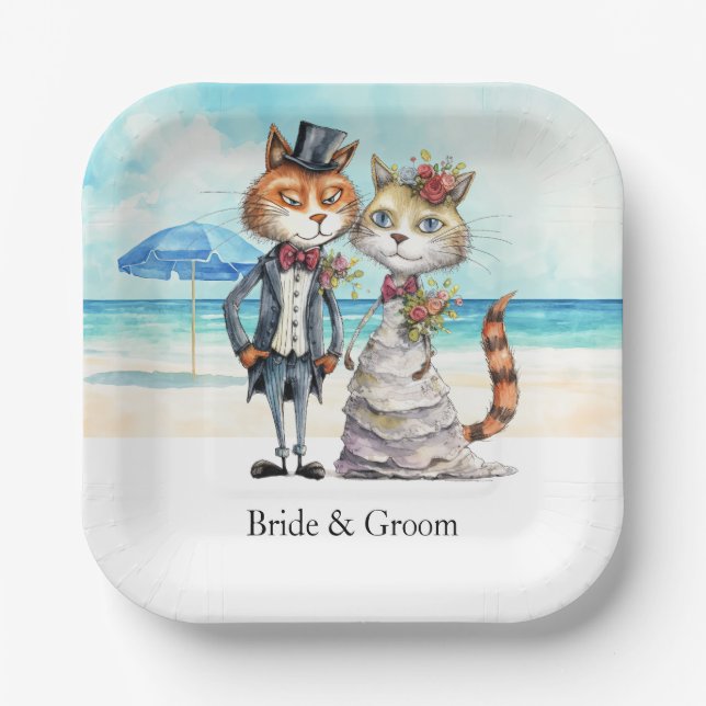 Cat Wedding Beach Wedding Themed Paper Plates (Front)