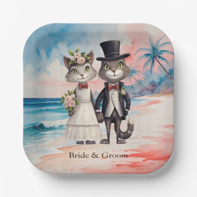 Cat Wedding Beach Wedding Themed Paper Plates (Front)