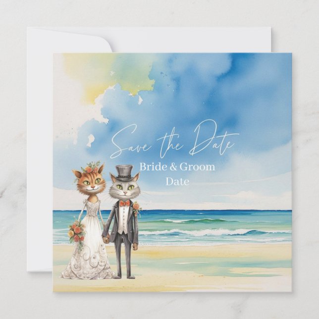 Cat Wedding Beach Wedding Themed Save The Date (Front)